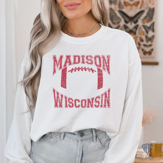 Vintage Style Madison Wisconsin Football Sweatshirt, Red Comfort Colors Crewneck Sweatshirt, Cute Gameday Sweatshirt for Wisconsin Football